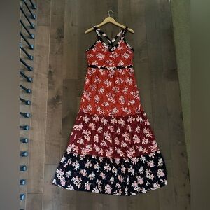 Ann Taylor Loft Zinnia Tiered Maxi Dress Rhubarb Red Black Sz 10 Floral